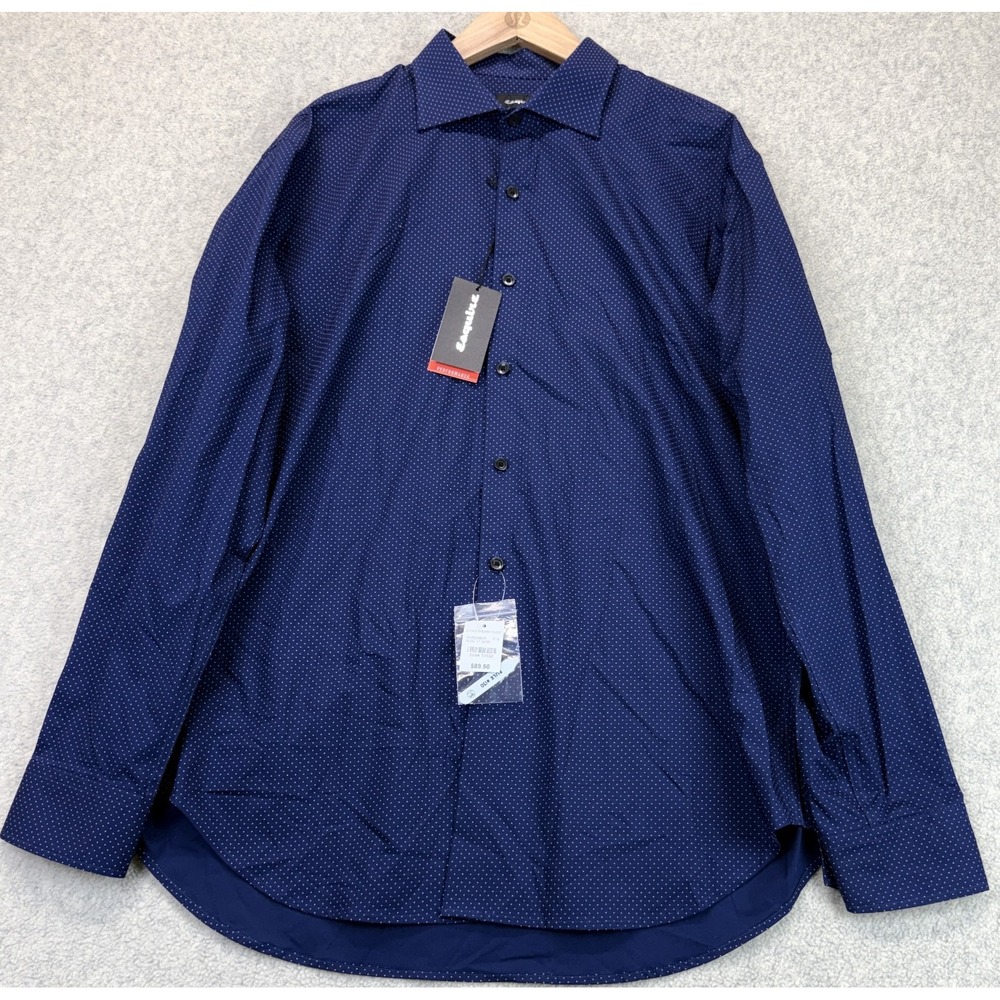 NWT Esquire Mens Button-Up Dress Shirt Navy Performance Slim Fit Non Iron 17